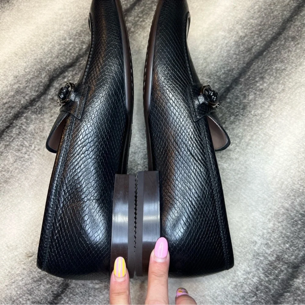 Salvatore Ferragamo Pago Nero Black Snake Embossed Leather Loafers